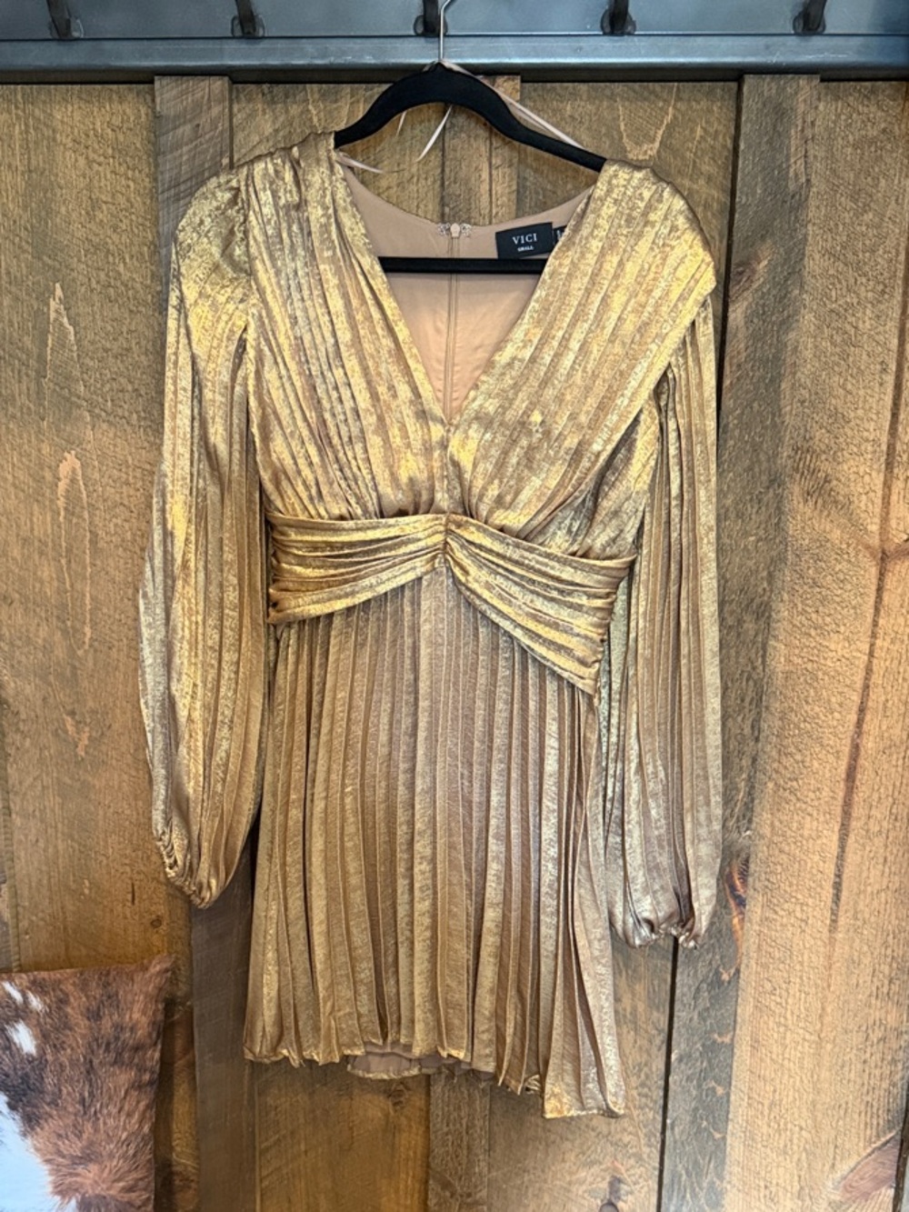 Vici Metallic Gold Long Sleeve Pleated Mini Dress